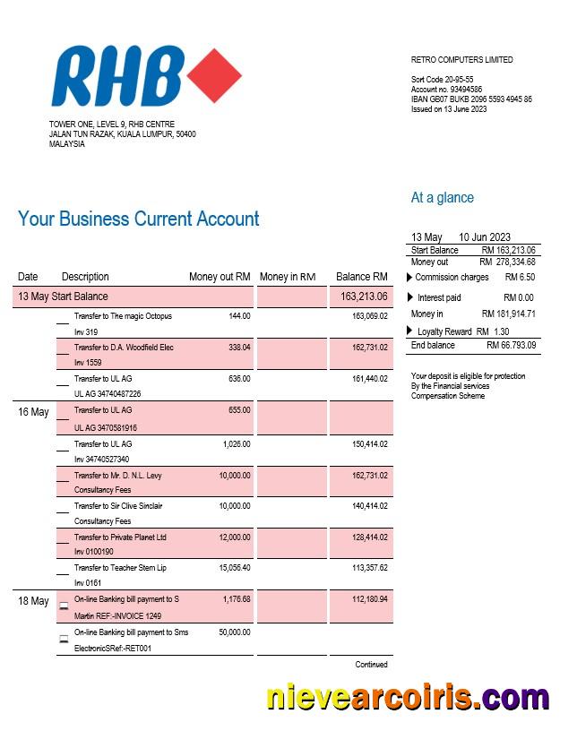 RHB Bank company checking account statement